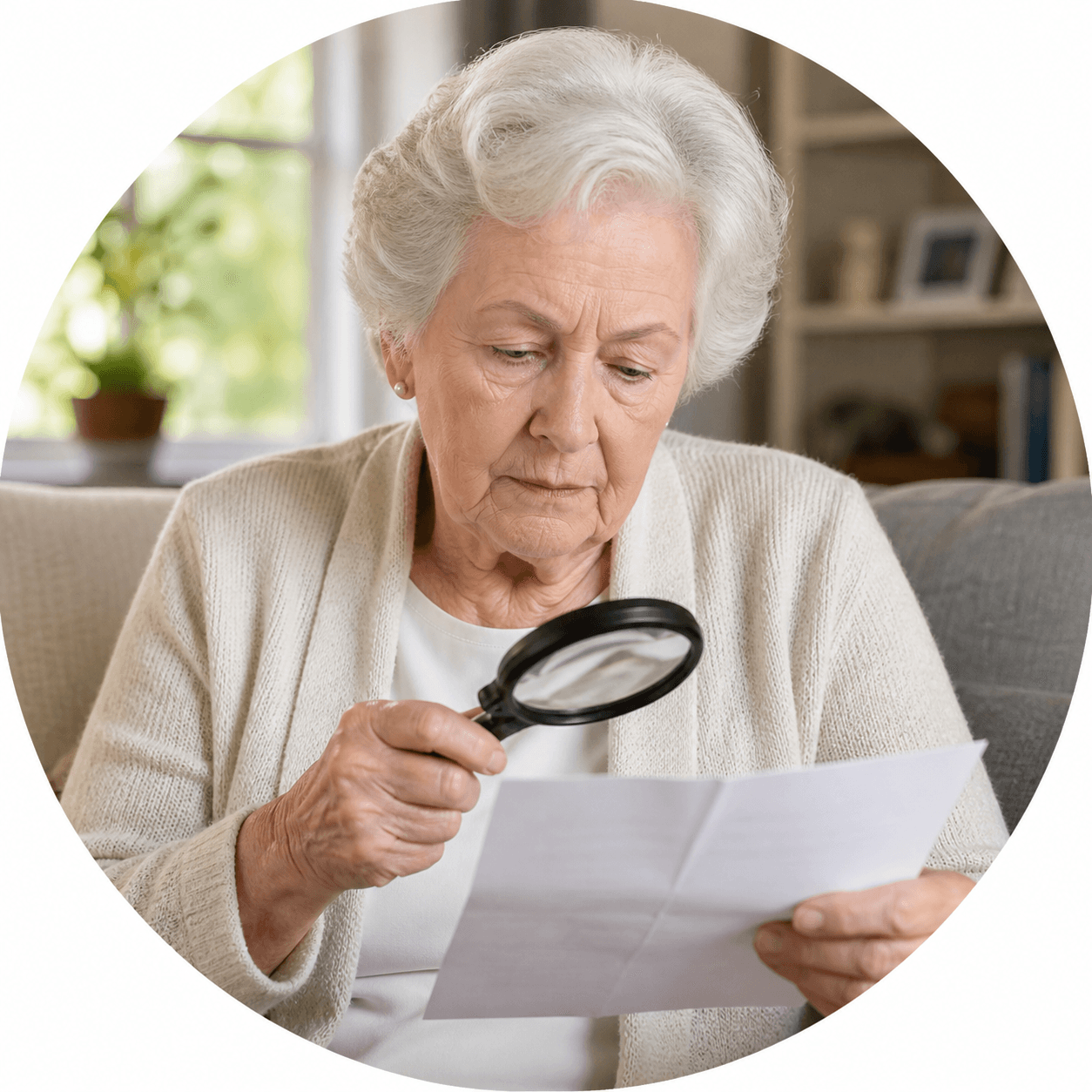 Une femme âgée utilisant une loupe pour lire un document